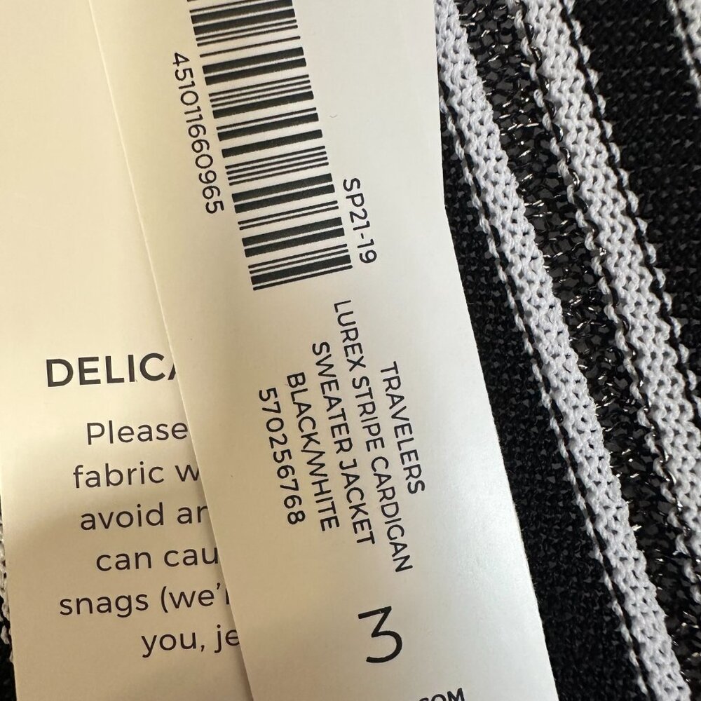 Chico's Traveler’s Sz 3 Womens XL Open‎ Cardigan Black White Silver Stripe NEW - Picture 3 of 5
